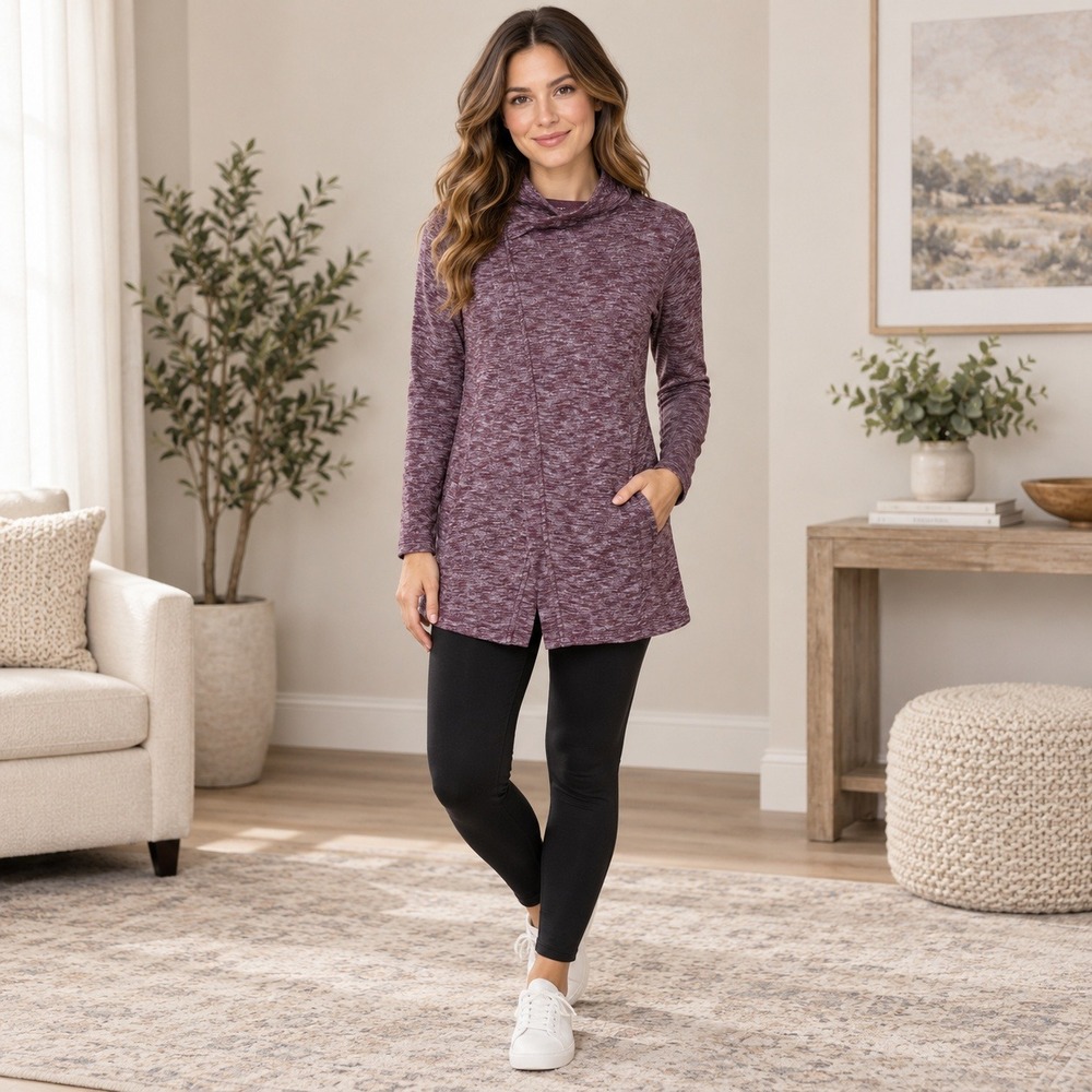 G.H. Bass & Co. Tunic Women S Burgundy Space Dye Asymmetrical Zip Cowl Neck Top